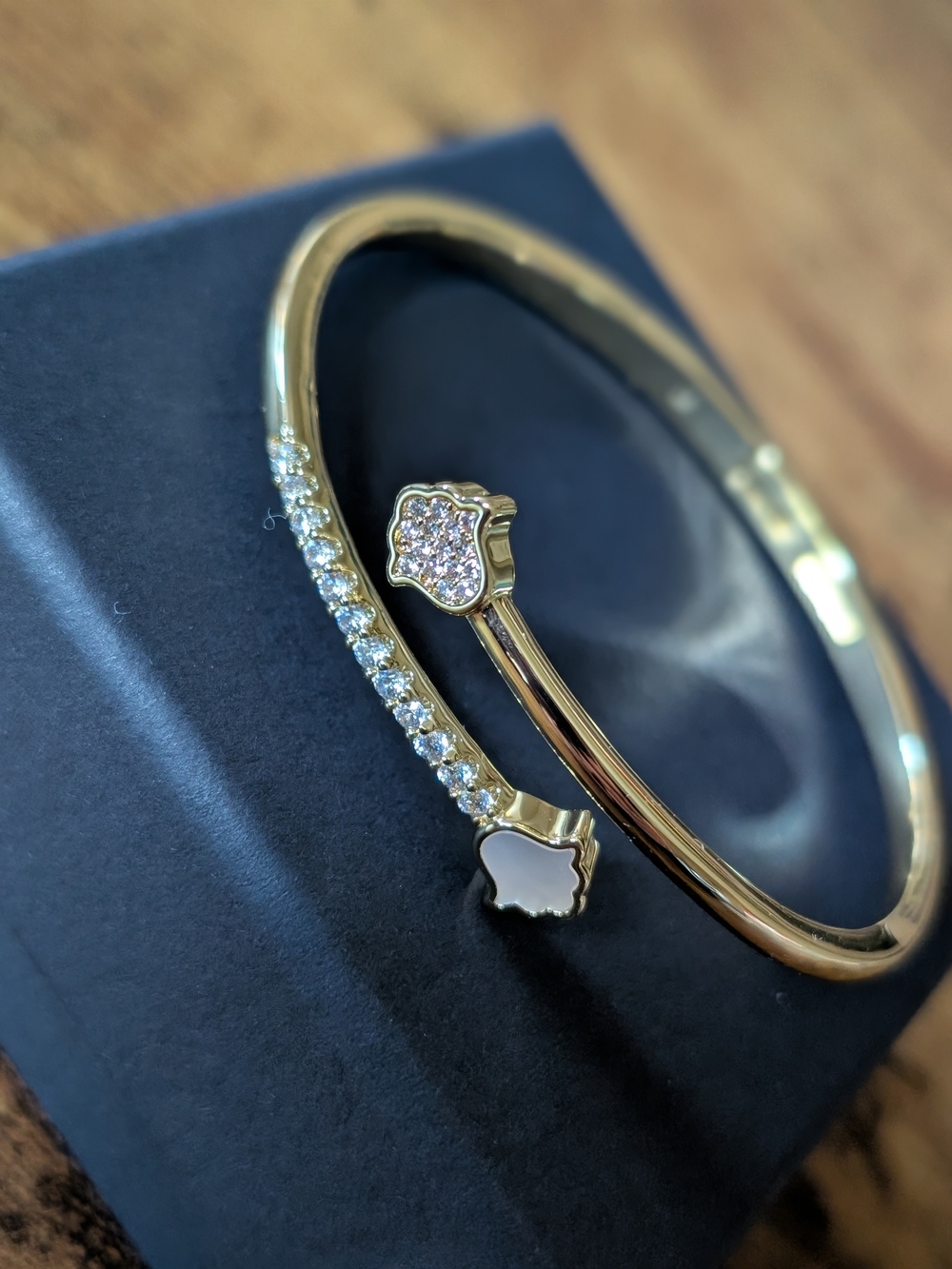 Gold Tone Crystal Pavé Clover Open Bangle Bracelet - Women's Jewelry